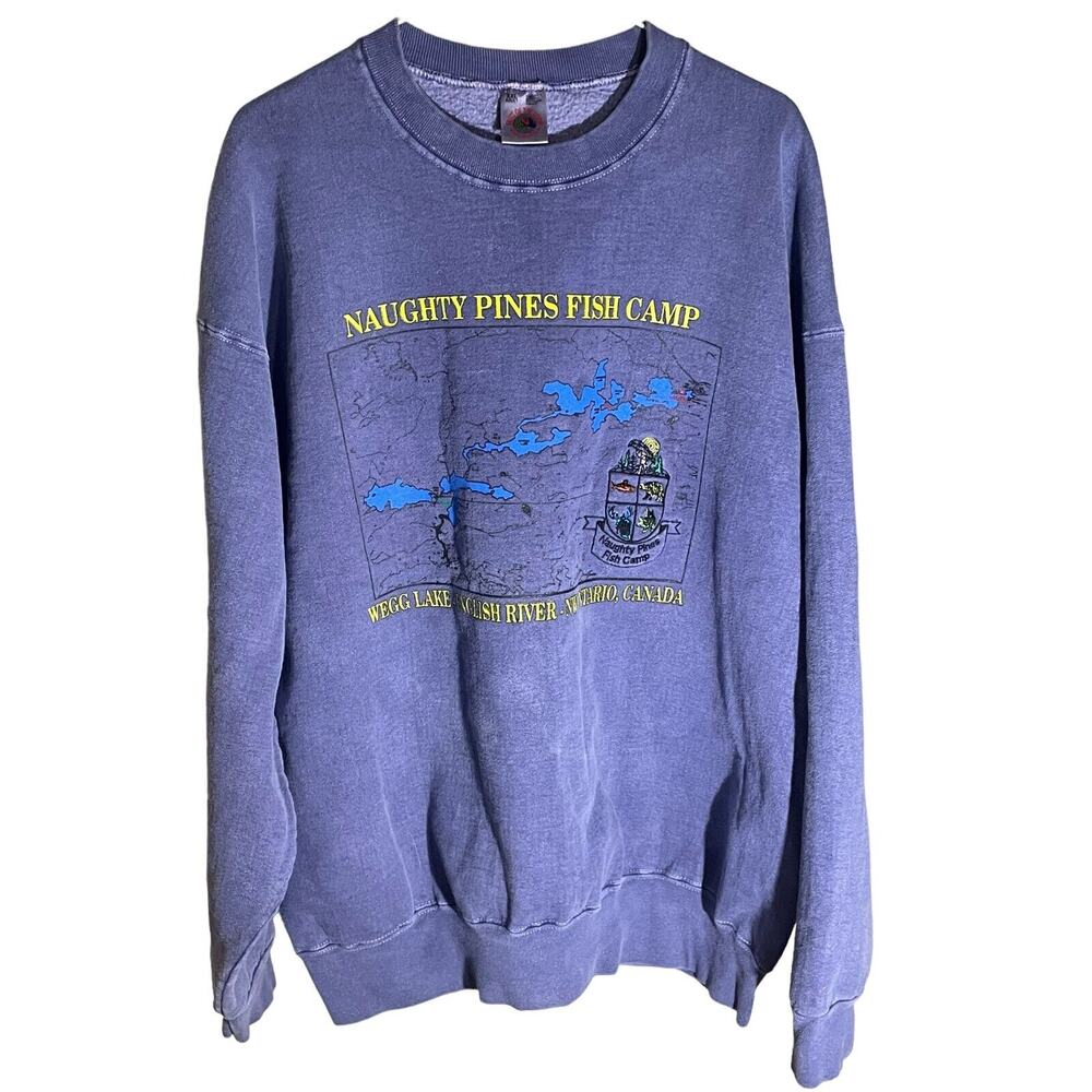 Vintage NAUGHTY Pines Fish Camp Sweatshirt Blue sz XXL Wegg Lake Ontario